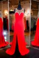 Sheath Scoop Neck Side Slit Long Red Satin Tulle Beaded Prom Dress