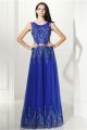 Sheath Scoop Neck Sleeveless Long Royal Blue Tulle Lace Prom Dress With Belt