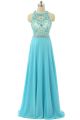 Sheath Scoop Neck Sleeveless Long Turquoise Chiffon Tulle Beaded Prom Dress