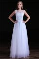 Sheath Sheer Neckline Light Blue Tulle Lace Prom Dress With Sash