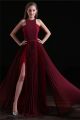 Sheath Sleeveless Burgundy And Red Chiffon Pleated Prom Dress With Slit