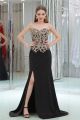 Sheath Sweetheart Black Chiffon Gold Lace Prom Dress With Slit