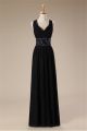 Sheath V Neck Criss Cross Strap Back Long Black Chiffon Beaded Prom Dress