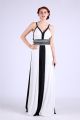 Sheath V Neck Long White And Black Stripe Chiffon Beaded Prom Dress With Straps