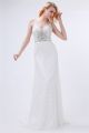 Sheath V Neck Long White Lace Beaded Evening Prom Dress With Bow