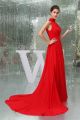 Simple A Line High Neck Long Red Chiffon Evening Prom Dress With Train