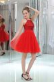 Simple A Line Short Red Tulle Sequined Prom Dress With Straps