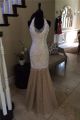 Slim Mermaid Halter Champagne Tulle Lace Pearl Beaded Prom Dress