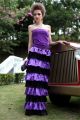 Slim Strapless Purple Jersey Black Lace Ruffle Tiered Special Occasion Evening Dress