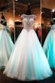 Sparkly A Line Bateau Neckline Open Back Cap Sleeve Aqua Tulle Beaded Prom Dress