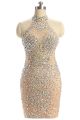 Sparkly Column Halter Champagne Satin Tulle Beaded Short Prom Dress