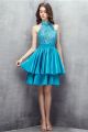 Sparkly Halter Cutout Back Short Turquoise Satin Beaded Prom Dress