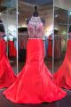 Sparkly Mermaid Halter Two Piece Red Satin Beaded Prom Dress