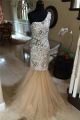 Sparkly Mermaid One Shoulder Champagne Tulle Beaded Prom Dress