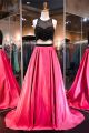 Stunning A Line Hot Pink Satin Black Pearl Beaded Two Piece Prom Dress