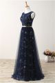 Stunning A Line Scoop Neck Long Navy Blue Tulle Floral Prom Dress With Belt