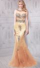 Stunning Illusion Neckline Open Back Champagne Tulle Beaded Evening Prom Dress