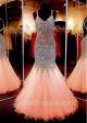 Stunning Mermaid Backless Blush Pink Tulle Beaded Prom Dress With Straps