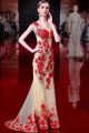 Stunning Mermaid Cap Sleeve Champagne Tulle Red Applique Beaded Evening Prom Dress