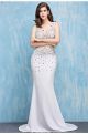 Stunning Mermaid V Neck White Satin Tulle Beaded See Through Prom Dress