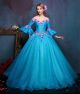 Tale Ball Gown Off The Shoulder Flare Sleeve Blue Organza Prom Dress With Flowers