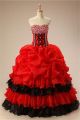 Traditional Ball Gown Strapless Black And Red Organza Ruffle Prom Dress