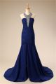 Trumpet Halter Front Slit Royal Blue Chiffon Rhinestone Beaded Prom Dress