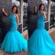 Trumpet Mermaid High Neck Keyhole Back Turquoise Tulle Beaded Prom Dress