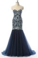 Trumpet Mermaid Sweetheart Navy Blue Tulle Embroidery Prom Dress