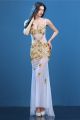 Unique Sexy V Neck White Tulle Gold Applique Beaded Sheer See Through Prom Dress