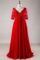 V Neck Empire Waist Corset Red Chiffon Lace Beaded Plus Size Prom Dress With Sleeves