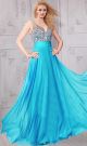 V Neck Open Back Long Turquoise Chiffon Rhinestone Beaded Flowing Prom Dress