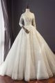 Gorgeous Ball Gown Illusion Neckline Corset 3 4 Sleeve Crystal Beaded Champagne Lace Tulle Wedding Dress