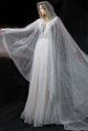 Gorgeous A Line V Neck Long Sleeves Crystal Beaded Lace Tulle Wedding Dress 