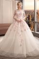 Ball Gown Scoop Long Sleeves Corset Keyhole In Back Wedding Dress With Pink Appliques