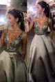 Sparkly Grey A Line Prom Party Dress Illusion Neckline With Crystals