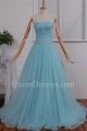 Chic A Line Strapless Pleated Light Blue Tulle Prom Evening Dress With Crystals