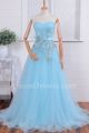 Chic A Line Sweetheart Beaded Appliques Flowers Sky Blue Tulle Prom Evening Dress