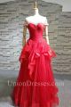 A Line Sweetheart Off The Shoulder Corset Crystal Beaded Red Tulle Prom Evening Dress With Ruffles