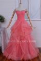 A Line Sweetheart Off The Shoulder Corset Crystal Beaded Watermelon Tulle Prom Evening Dress With Ruffles