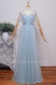 Elegant A Line Sweetheart Corset Cap Sleeve Pleated Light Blue Tulle Bridesmaid Evening Dress 