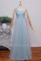 Elegant A Line Sweetheart One Shoulder Pleated Light Blue Tulle Bridesmaid Evening Dress 