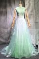 A Line High Neck Cap Sleeve Open Back Crystal Beaded Green Tulle Prom Evening Dress With Lace