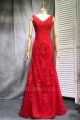 Elegant Trumpet V Neck Beaded Red Lace Prom Evening Dress