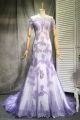 Mermaid Off The Shoulder Short Sleeve Sheer Back Lavender Lace White Satin Prom Evening Dress 