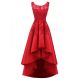 Graceful High Low Scoop Sheer Back Beaded Lace Red Satin Prom Dress