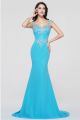 Fantastic Mermaid Queen Anne Neckline Cap Sleeve Sheer Back Crystal Beaded Blue Prom Evening Dress